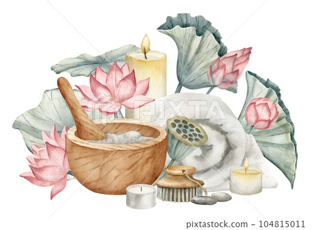 Body care Spa cosmetic with mortar and towel. Hand drawn watercolor illustration with toiletries and pink lotus flowers on white isolated background. Skincare products for massage salon icon or logo. Body care Spa cosmetic with mortar and towel. Hand drawn watercolor illustration with toiletries and pink lotus flowers on white isolated background. Skincare products for massage salon icon or logo. 104815011
