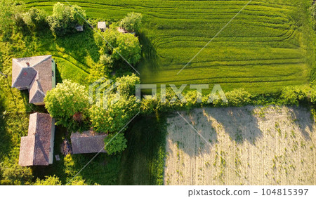 A bird eye view from a drone of farmland with a small house among fresh green agricultural fields. A bird eye view from a drone of farmland with a small house among fresh green agricultural fields. 104815397