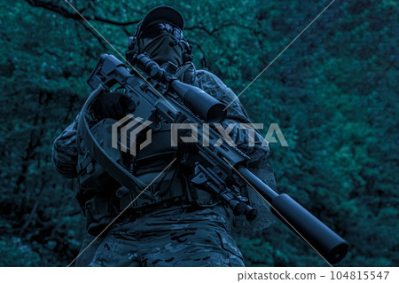 Green Berets US Army Special Forces Group sniper in night action Green Berets US Army Special Forces Group sniper in night action 104815547