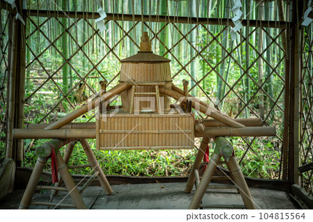 A bamboo mikoshi dedicated in the precincts of the bamboo grove where fresh greenery shines in summer at Nonomiya Shrine A bamboo mikoshi dedicated in the precincts of the bamboo grove where fresh greenery shines in summer at Nonomiya Shrine 104815564