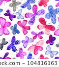 Seamless pattern with watercolor butterflies. Freehand drawing, rainbow colors pattern. Decorative wallpaper design 104816163