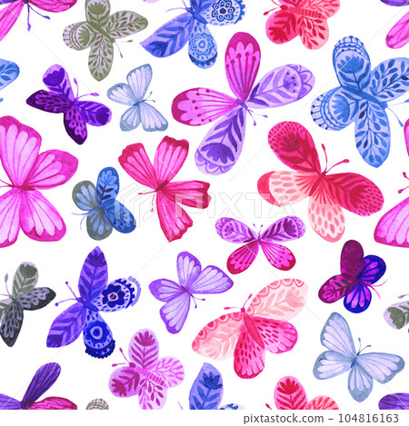 Seamless pattern with watercolor butterflies. Freehand drawing, rainbow colors pattern. Decorative wallpaper design Seamless pattern with watercolor butterflies. Freehand drawing, rainbow colors pattern. Decorative wallpaper design 104816163