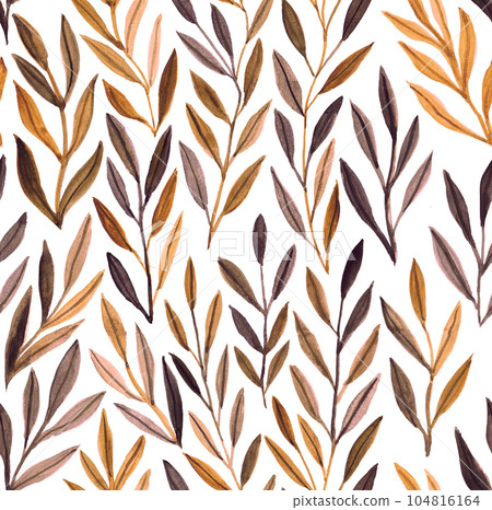 Brown watercolor leaf seamless pattern. Composition of green leaves and branches on a white background, perfect for wrappers, wallpapers, postcards, greeting cards Brown watercolor leaf seamless pattern. Composition of green leaves and branches on a white background, perfect for wrappers, wallpapers, postcards, greeting cards 104816164