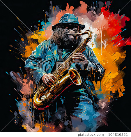 Bear in costume playing saxophone 104816231