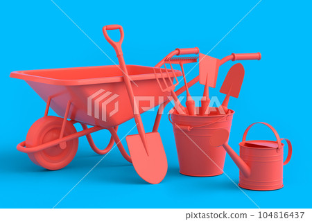 Garden wheelbarrow with garden tools like shovel, rake and fork on monochrome 104816437