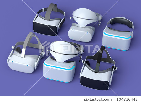 Top view virtual reality glasses for online gaming on purple background Top view virtual reality glasses for online gaming on purple background 104816445