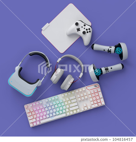 Top view gamer gears like joystick, keyboard, headphones and VR glasses 104816457