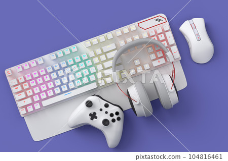 Top view gamer gears like joystick, keyboard, headphones and mouse on violet 104816461