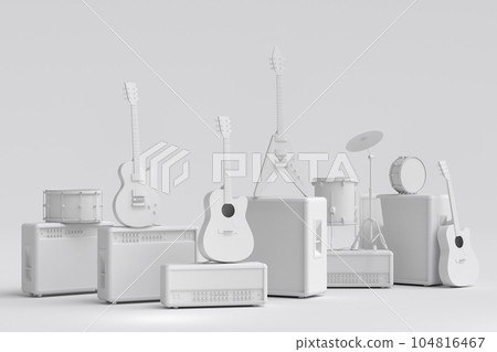 Set of electric acoustic guitars, amplifiers and drums with cymbal on monochrome 104816467