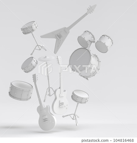 Set of electric acoustic guitars and drums with cymbals on monochrome background Set of electric acoustic guitars and drums with cymbals on monochrome background 104816468
