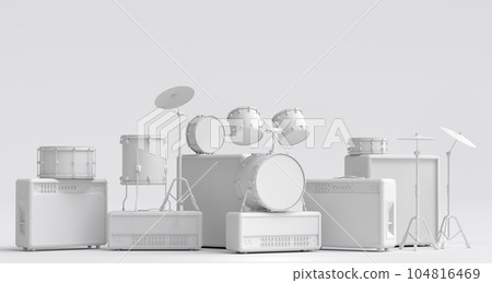 Set of electric acoustic guitars, amplifiers and drums with cymbal on monochrome Set of electric acoustic guitars, amplifiers and drums with cymbal on monochrome 104816469
