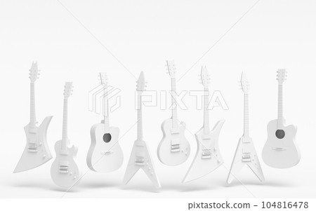 Set of electric acoustic guitars isolated on monochrome background. 104816478