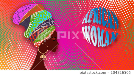 Banner of beautiful African woman  in traditional turban tribal motifs, Kente head wrap, African Traditional black women vector silhouette isolated on colorful Halftone African Print fabric background 104816505