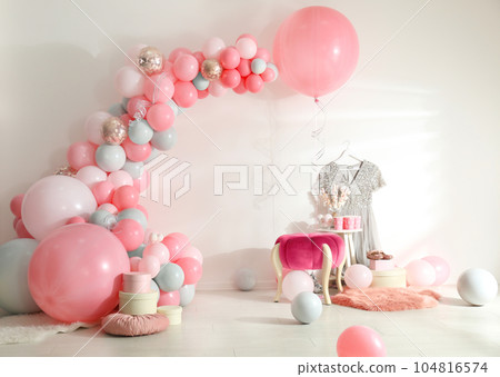 Room decorated with colorful balloons for party Room decorated with colorful balloons for party 104816574