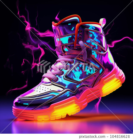 Futuristic Fashion Sneakers on Vivid Abstract Background 104816628