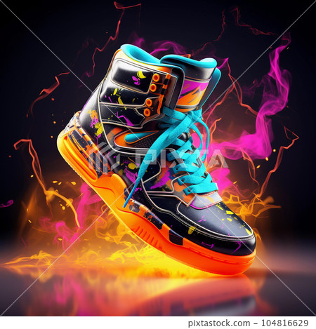 Futuristic Fashion Sneakers on Vivid Abstract Background Futuristic Fashion Sneakers on Vivid Abstract Background 104816629