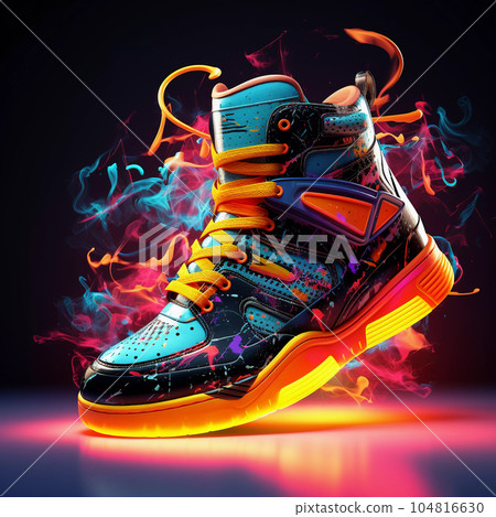 Futuristic Fashion Sneakers on Vivid Abstract Background Futuristic Fashion Sneakers on Vivid Abstract Background 104816630
