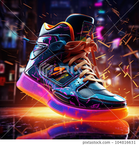 Futuristic Fashion Sneakers on Vivid Abstract Background Futuristic Fashion Sneakers on Vivid Abstract Background 104816631