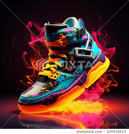 Futuristic Fashion Sneakers on Vivid Abstract Background Futuristic Fashion Sneakers on Vivid Abstract Background 104816633