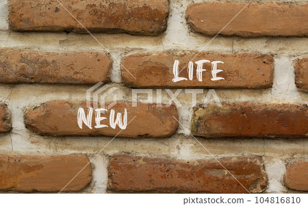 New life symbol. Concept words New life on beautiful brown brick wall on a beautiful brown brick wall background. Business, support, motivation, psychological and new life concept. Copy space. New life symbol. Concept words New life on beautiful brown brick wall on a beautiful brown brick wall background. Business, support, motivation, psychological and new life concept. Copy space. 104816810