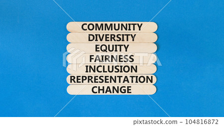 Diversity inclusion symbol. Concept words Community Diversity Equity Fairness Inclusion Representation Change on wooden stick on a beautiful blue background. Diversity equity inclusion concept. 104816872