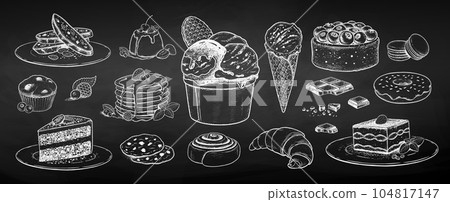 Chalk sketh vector illustration set of desserts and bakery Chalk sketh vector illustration set of desserts and bakery 104817147