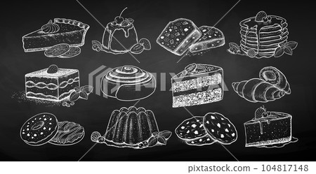 Chalk illustrations collection of desserts and baker Chalk illustrations collection of desserts and baker 104817148