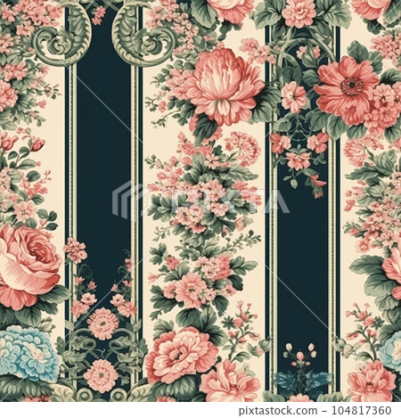 Seamless pattern with flowers, classic country cottage style floral and stripes print for wallpaper, fabric and product design, generative ai 104817360