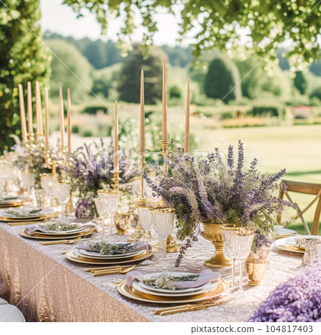 Wedding tablescape, elegant formal dinner table setting, table scape with lavender decoration for holiday party event celebration, generative ai 104817403