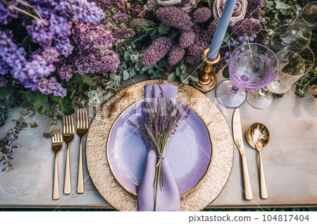 Wedding tablescape, elegant formal dinner table setting, table scape with lavender decoration for holiday party event celebration, generative ai 104817404