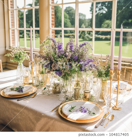 Wedding tablescape, elegant formal dinner table setting, table scape with lavender decoration for holiday party event celebration, generative ai 104817405