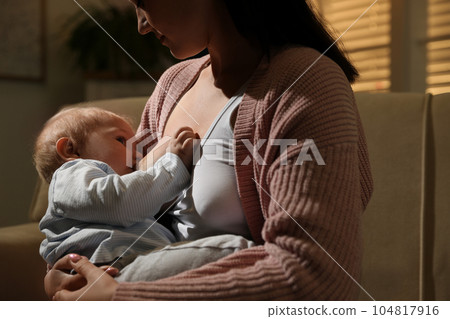 Woman breastfeeding her little baby at home 104817916