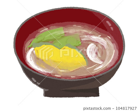 Miso soup with vegetables served in a vermilion bowl White miso 104817927
