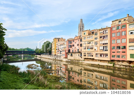 View of old town Girona, Catalonia, Spain, Europe. Summer travel. 104818036