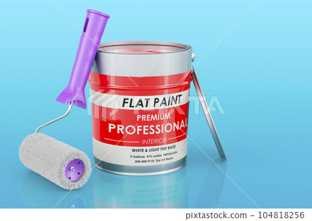 Can with paint and roller brush on blue background, 3D rendering 104818256