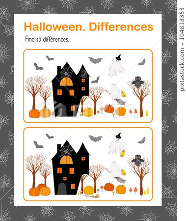 Find differences Halloween fall holiday festive scene of haunted house, candle, bat, ghost, pumpkin vector illustration, printable educational activity worksheet for kids, teacher resources Find differences Halloween fall holiday festive scene of haunted house, candle, bat, ghost, pumpkin vector illustration, printable educational activity worksheet for kids, teacher resources 104818353