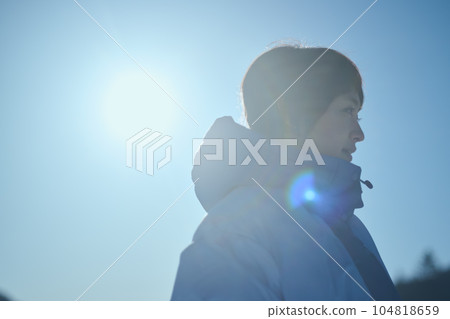 short hair woman in winter mountains short hair woman in winter mountains 104818659