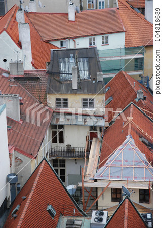 Vertical aerial view of the historic buildings in the Old Town of Prague, Czech Republic Vertical aerial view of the historic buildings in the Old Town of Prague, Czech Republic 104818689