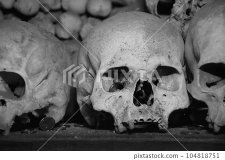 Closeup shot of skulls in the Sedlec Ossuary in Kutna Hora, Czech Republic Closeup shot of skulls in the Sedlec Ossuary in Kutna Hora, Czech Republic 104818751