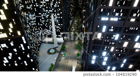 Town district with skyscrapers and lights, metropolis business center with vehicles on street. Capital city with modern architecture and office buildings. 3d render animation. 104819290