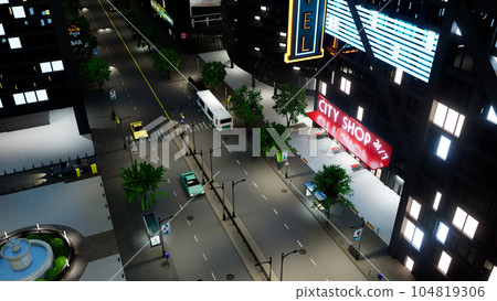 Downtown with office buildings and vehicles in urban district, tall skyscrapers with city lights at night. Metropolis with vehicles driving on street, architecture. 3d render animation. 104819306