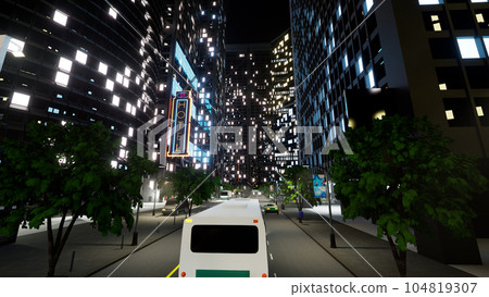 Business district with modern lights flickering late at night, futuristic city downtown with buildings and cars on street. Urban skyscrapers on modern town landscape. 3d render animation. 104819307