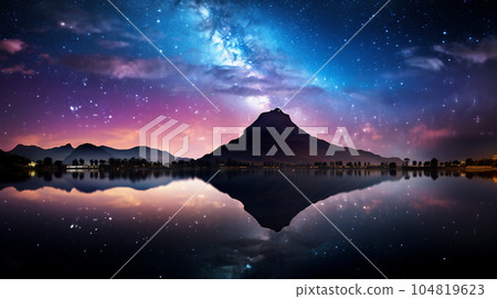 Beautiful view of mountains and river in the starry sky 104819623