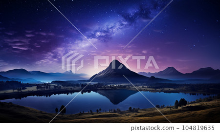 Beautiful view of mountains and river in the starry sky Beautiful view of mountains and river in the starry sky 104819635