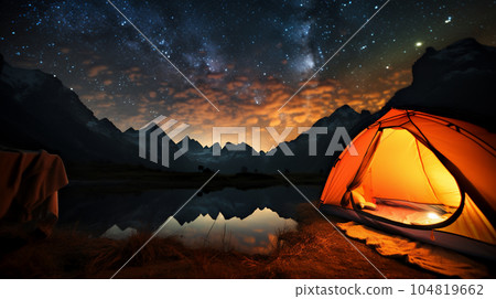 Beautiful view of mountains and river in the starry sky 104819662
