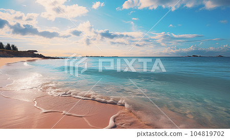 熱帶海灘和地平線上的橙色和金色日落 104819702