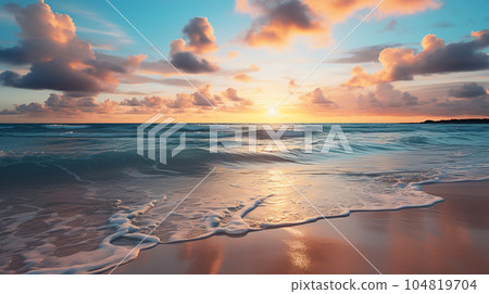 Orange and golden sunset over tropical beach and horizon Orange and golden sunset over tropical beach and horizon 104819704