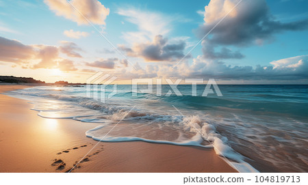 Orange and golden sunset over tropical beach and horizon Orange and golden sunset over tropical beach and horizon 104819713