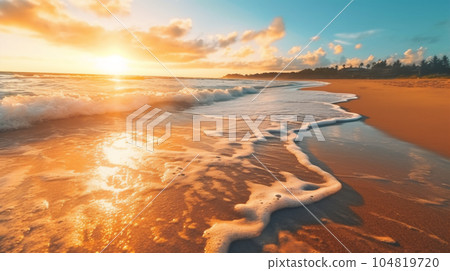 Orange and golden sunset over tropical beach and horizon Orange and golden sunset over tropical beach and horizon 104819720