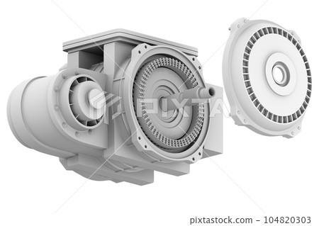 Clay rendered image (explosion diagram) of motor (e-axle) for electric vehicle Clay rendered image (explosion diagram) of motor (e-axle) for electric vehicle 104820303